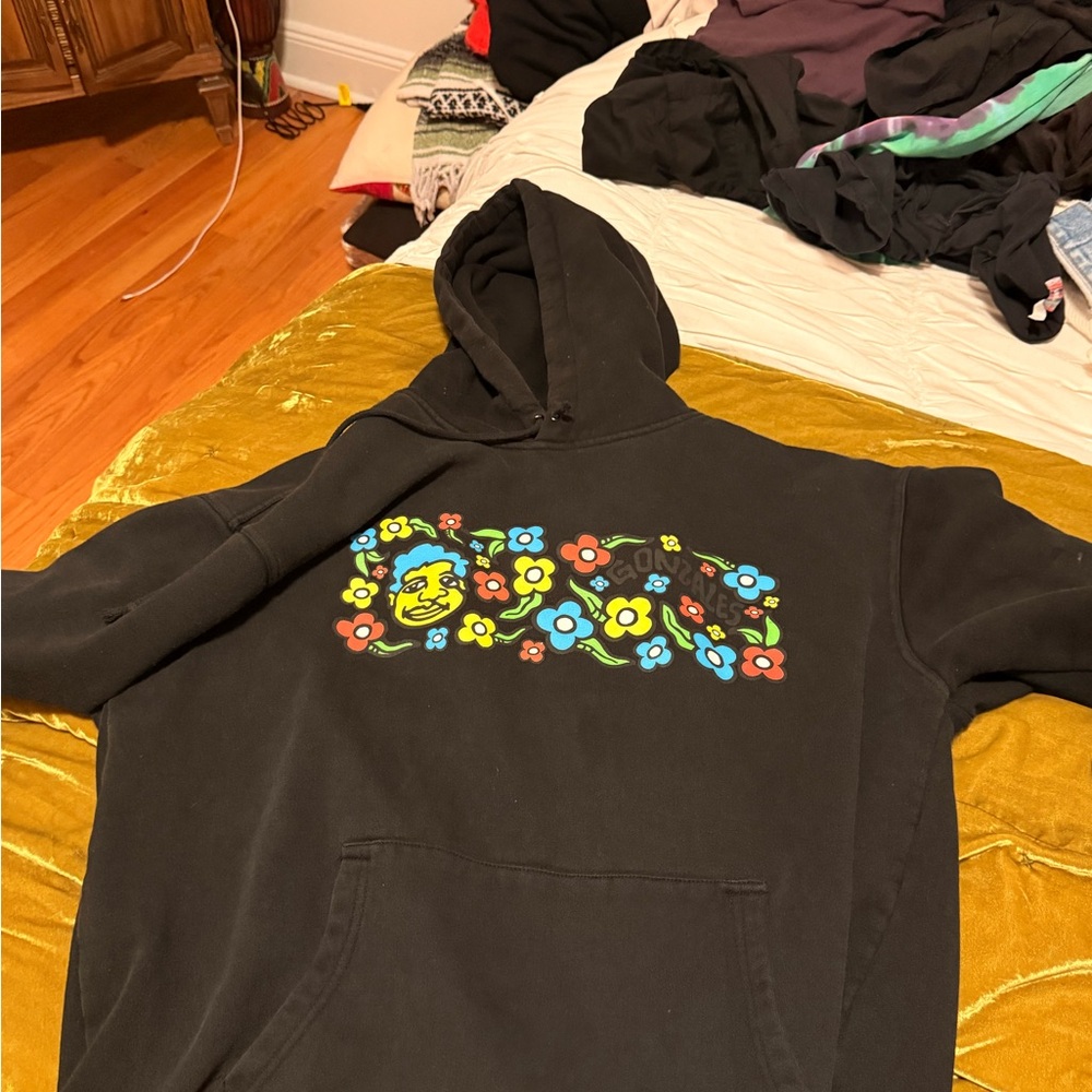 Mark Gonzales Black Floral Graphic Hoodie with Colorful Print